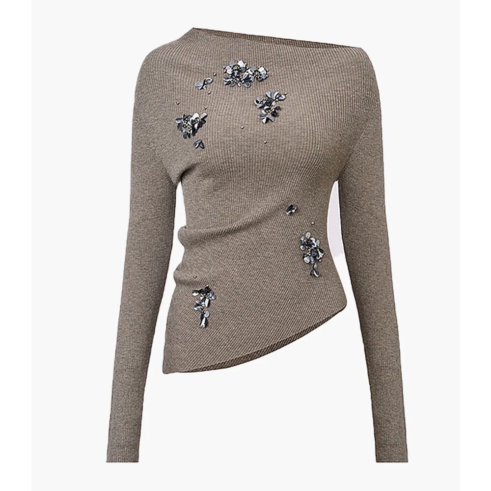 Commense Wool-Blend Asymmetrical Sequins Knit Top in Khaki Women's Size S